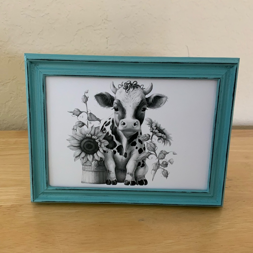 Farmhouse Cow and sunflowers picture 5x7 w/frame
